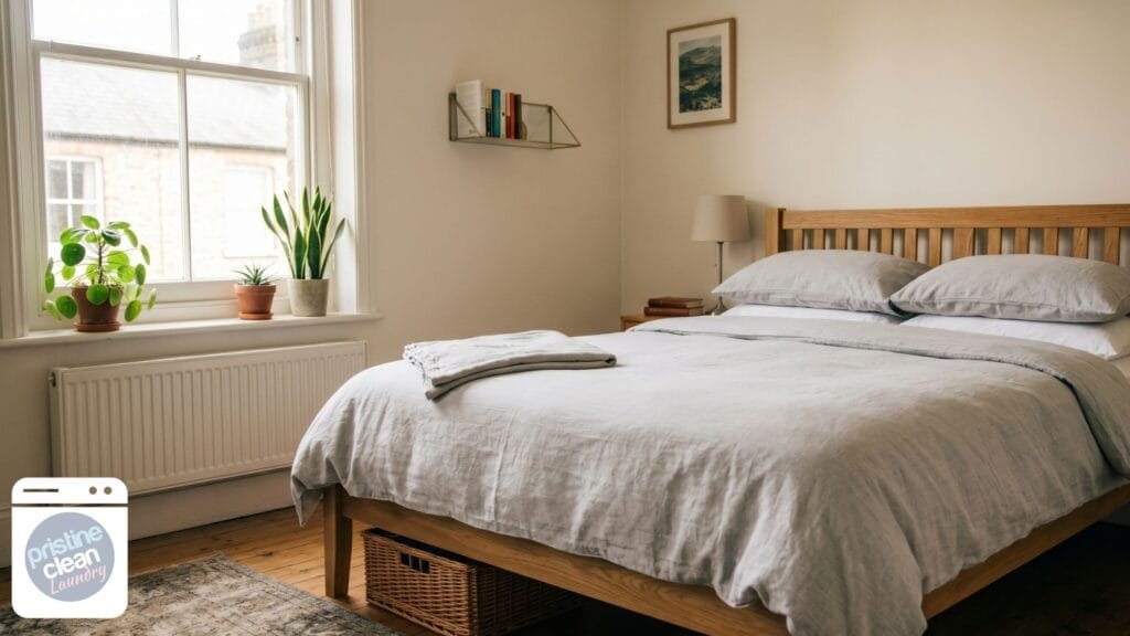 Fresh clean bed linen with duvet cover pillowcases and fitted sheet in UK bedroom