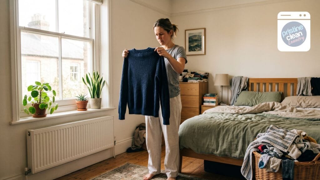 Person in UK home deciding whether clothes need washing with laundry basket and bedding visible