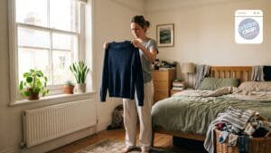 Person in UK home deciding whether clothes need washing with laundry basket and bedding visible