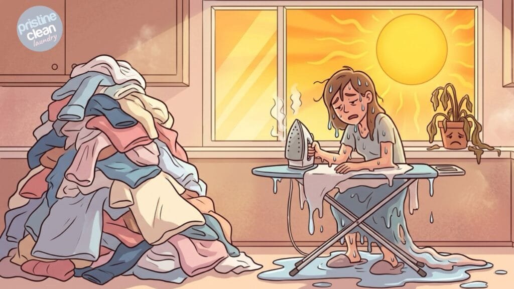 Cartoon of person struggling to iron in summer heat — a relatable reason to use a professional ironing service in Cheshire