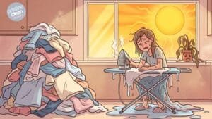 Cartoon of person struggling to iron in summer heat — a relatable reason to use a professional ironing service in Cheshire