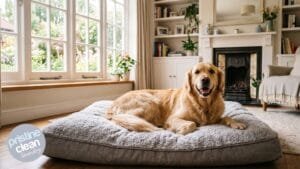 Happy dog lying on a freshly cleaned dog bed as part of a professional pet bedding washing service in Cheshire