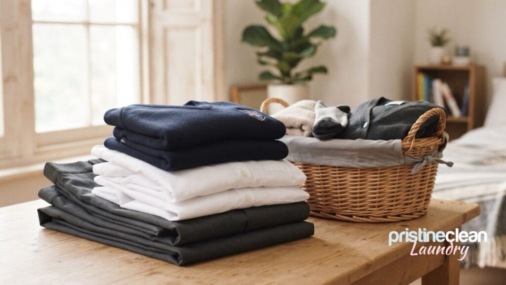 Neatly folded school uniforms ready for the new term — back to school laundry service Cheshire